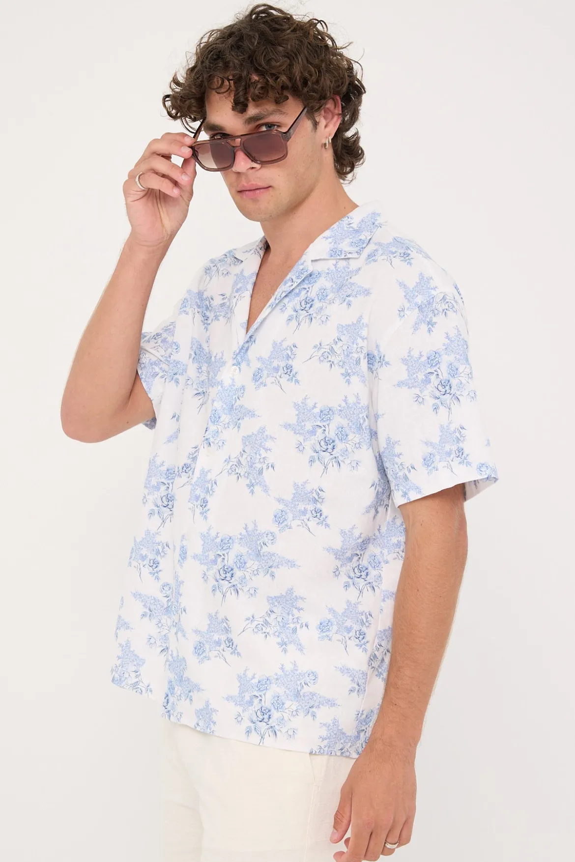 Serene Linen Resort Shirt White/Blue