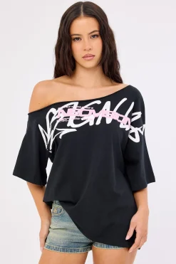 Shard Off Shoulder Relaxed Tee Black