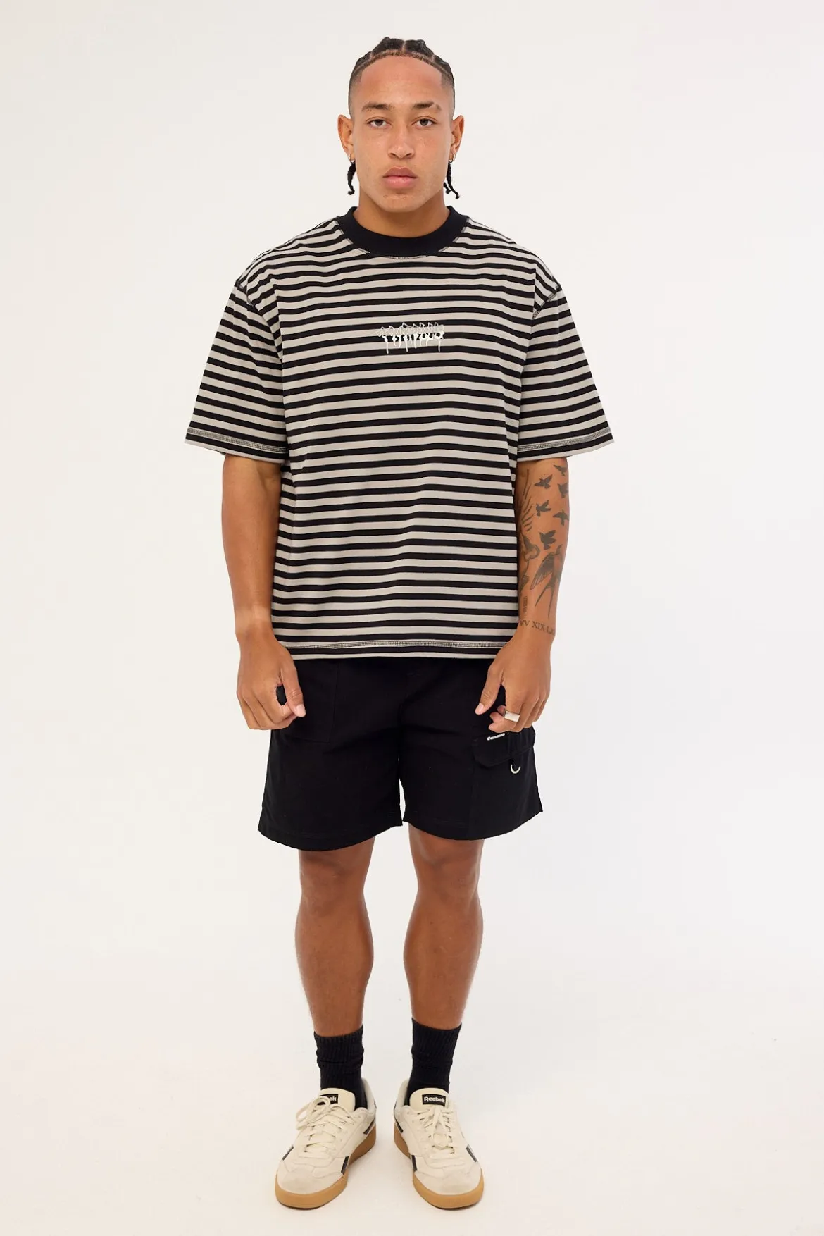 Shattered Stripe Box Fit Oversize Cropped Tee Grey Stripe