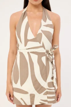 Shea Wrap Halter Mini Dress Taupe Print