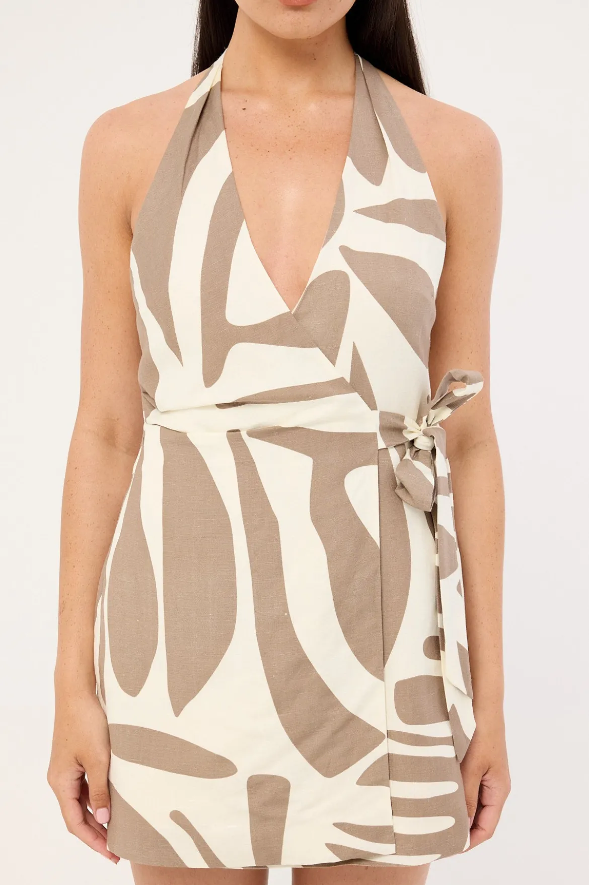 Shea Wrap Halter Mini Dress Taupe Print