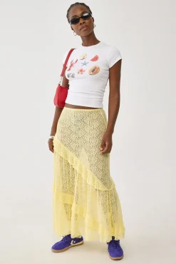 Sheer Lace Midi Skirt Yellow