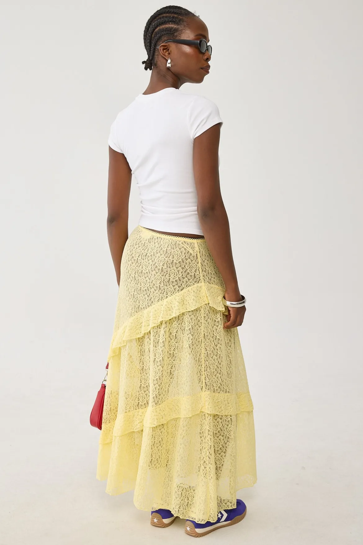 Sheer Lace Midi Skirt Yellow