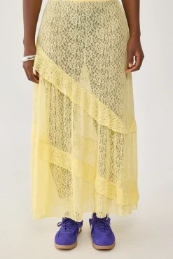 Sheer Lace Midi Skirt Yellow