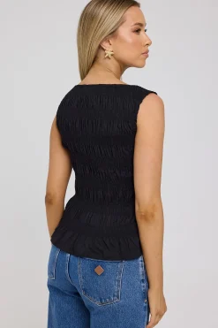 Shirred High Neck Top Black