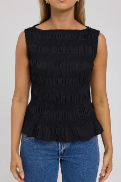 Shirred High Neck Top Black