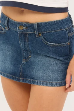 Shorty Low Rise Denim Micro Mini Skirt Blasted Deep Sea Blue