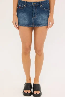 Shorty Low Rise Denim Micro Mini Skirt Blasted Deep Sea Blue