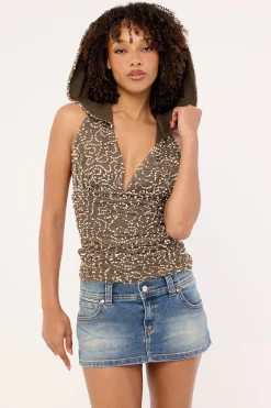 Siren Hooded Sequin Top Khaki Green