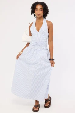 Skye Stripe Halter Maxi Dress Blue Stripe