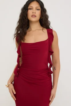 Slight Cowl Ruffle Maxi Dress Wine