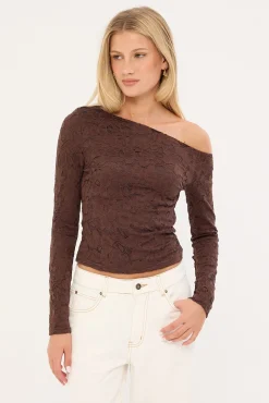 Solace Off Shoulder Long Sleeve Lace Top Brown
