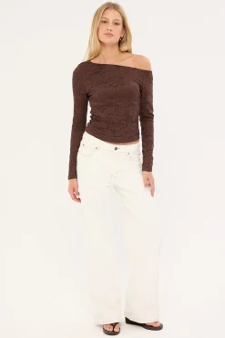 Solace Off Shoulder Long Sleeve Lace Top Brown