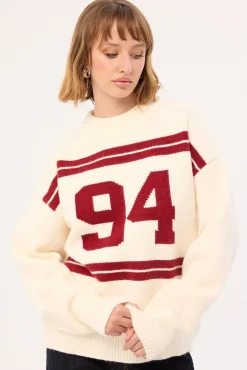 Sports Intarsia Knit Jumper Cream