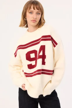 Sports Intarsia Knit Jumper Cream