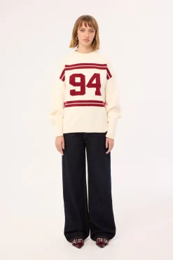 Sports Intarsia Knit Jumper Cream
