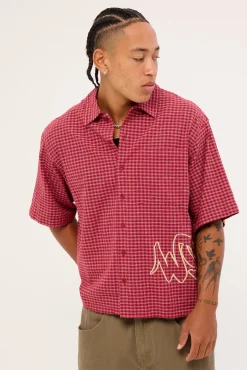 Spray Check Box Crop Shirt Puddle Burgundy