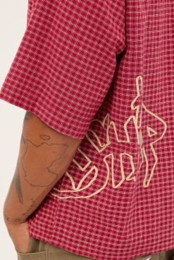 Spray Check Box Crop Shirt Puddle Burgundy