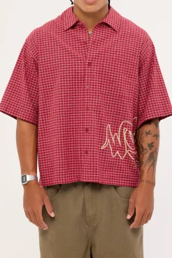 Spray Check Box Crop Shirt Puddle Burgundy