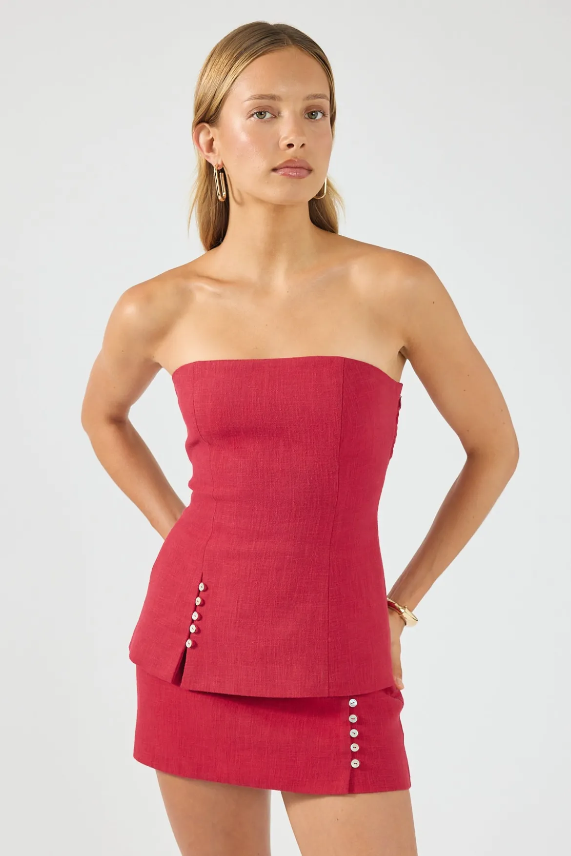 Stevie Linen Strapless Top Red