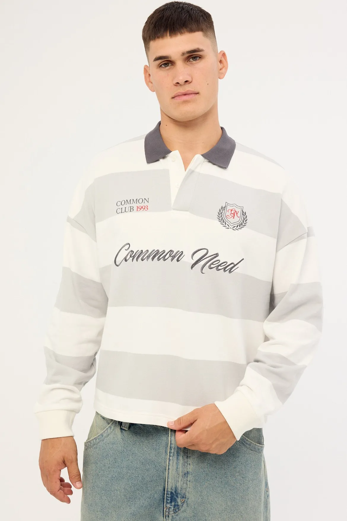 Stonecrest Cropped Long Sleeve Rugby Polo Grey/Off White Stripe