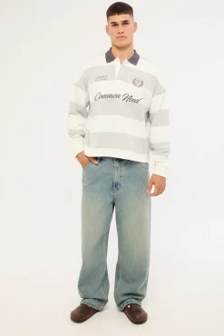 Stonecrest Cropped Long Sleeve Rugby Polo Grey/Off White Stripe