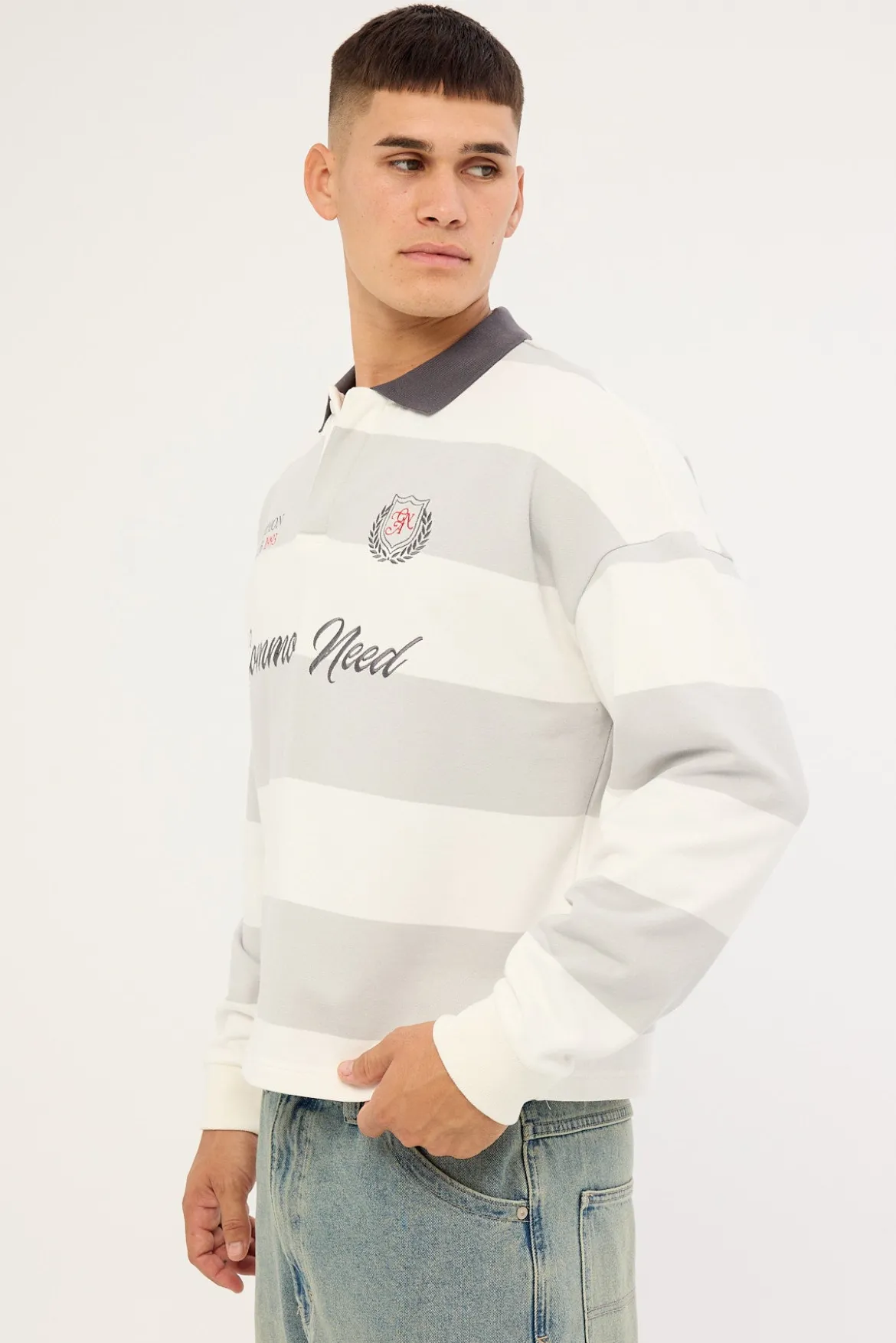 Stonecrest Cropped Long Sleeve Rugby Polo Grey/Off White Stripe