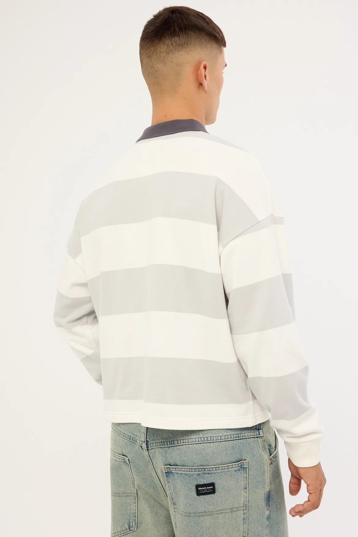 Stonecrest Cropped Long Sleeve Rugby Polo Grey/Off White Stripe