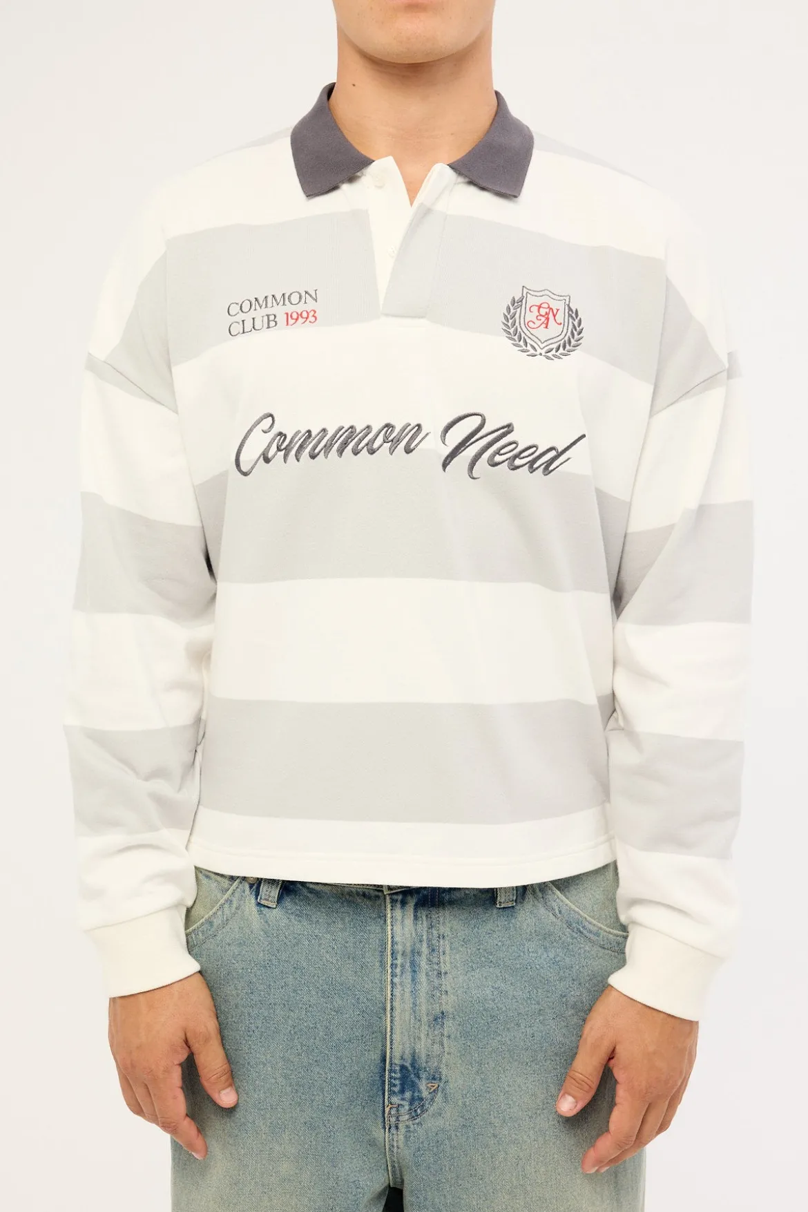 Stonecrest Cropped Long Sleeve Rugby Polo Grey/Off White Stripe