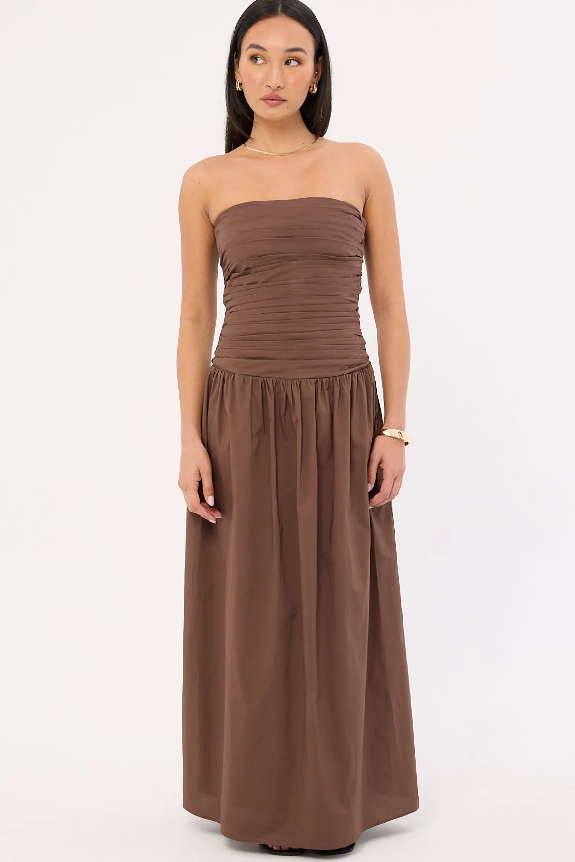 Strapless Drop Waist Midi Dress Brown