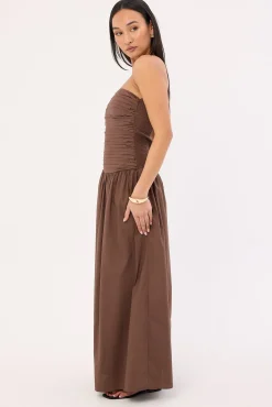 Strapless Drop Waist Midi Dress Brown