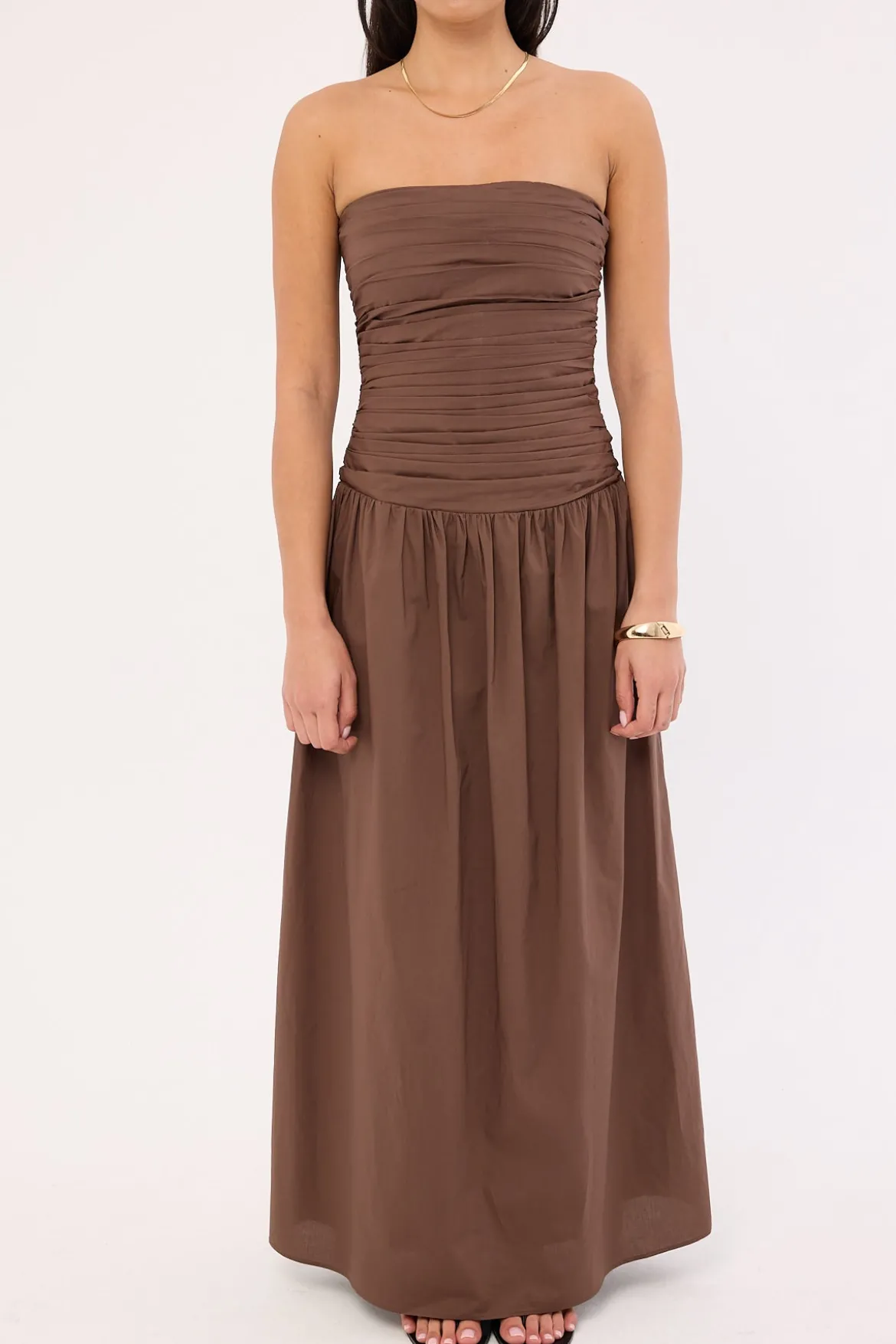 Strapless Drop Waist Midi Dress Brown