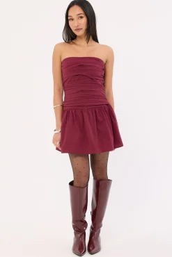 Strapless Drop Waist Mini Dress Burgundy
