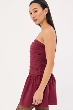 Strapless Drop Waist Mini Dress Burgundy