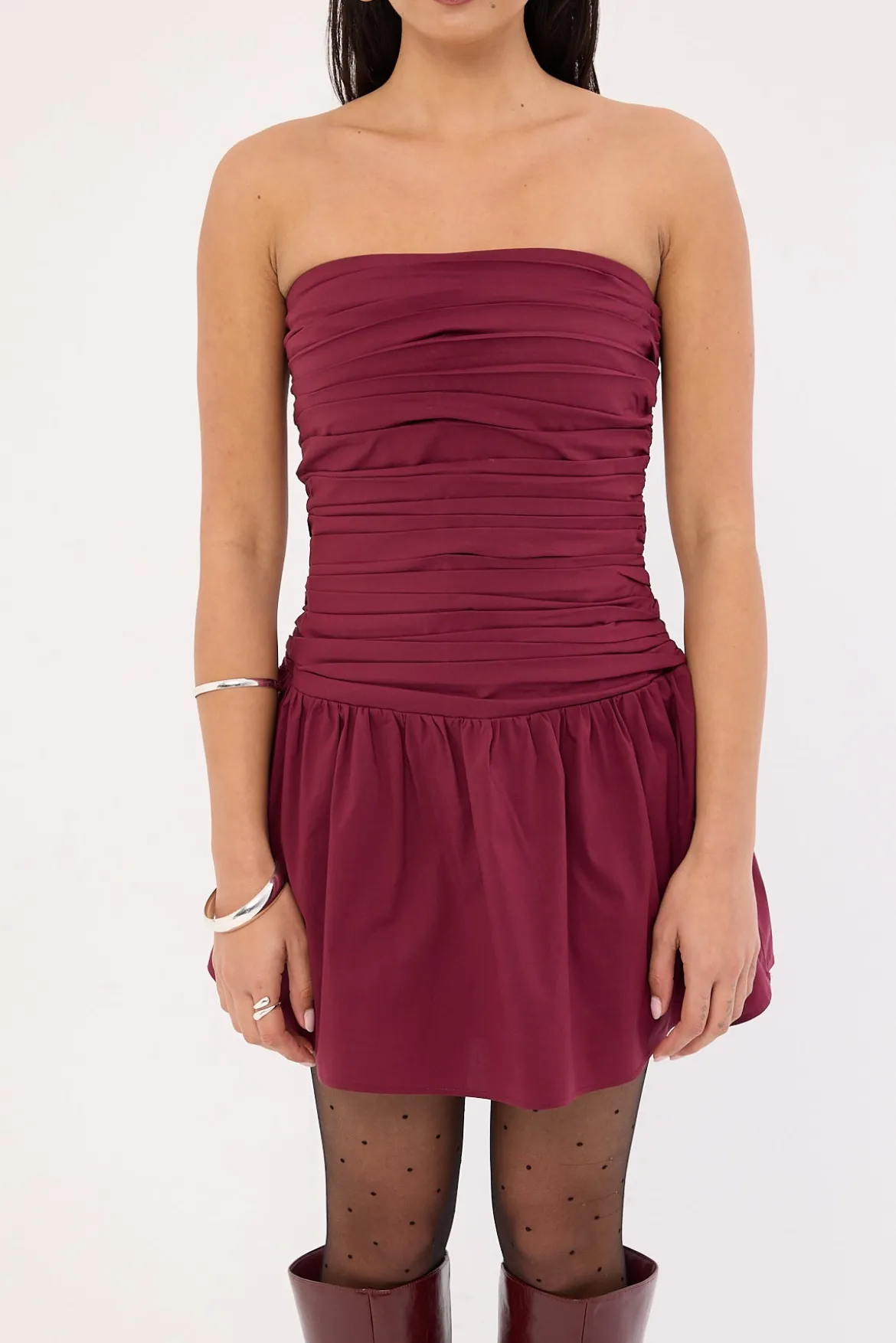 Strapless Drop Waist Mini Dress Burgundy