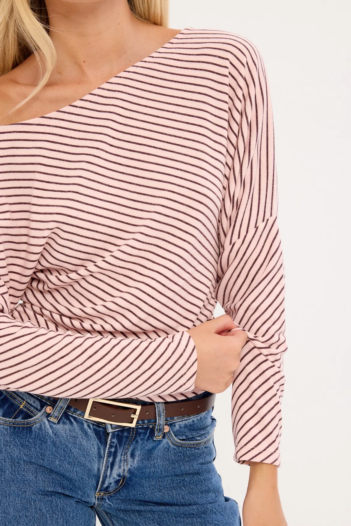 Stripe Off Shoulder Long Sleeve T-shirt Pink and Burgundy
