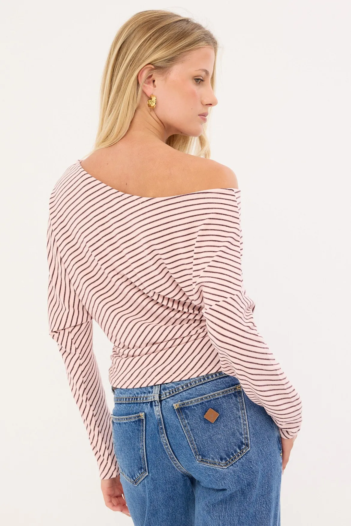 Stripe Off Shoulder Long Sleeve T-shirt Pink and Burgundy