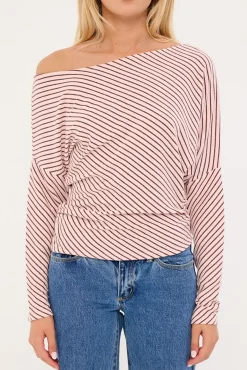 Stripe Off Shoulder Long Sleeve T-shirt Pink and Burgundy