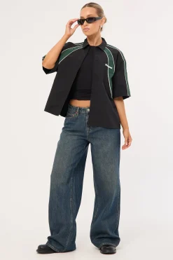 Strukt Oversize Cropped Zip Through Shirt Black/Teal
