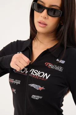 Surge Long Sleeve Zip Through Polo Tee Black