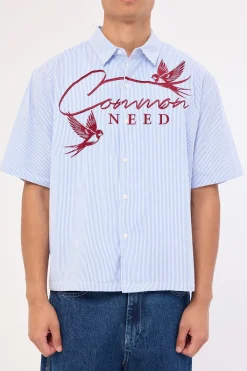 Swallows Boxy Cropped Shirt Blue Stripe