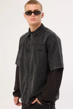 Systematic Zip Through Shirt Acid Wash Black