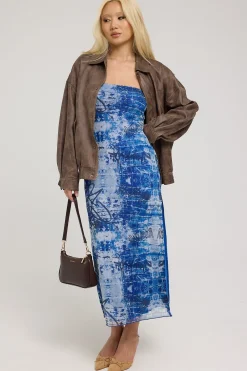 Tagged Mirror Recycled Mesh Midi Dress Blue Print