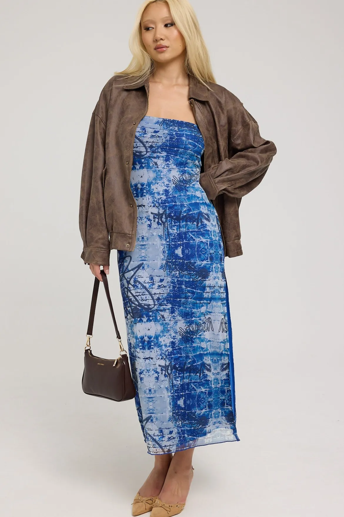 Tagged Mirror Recycled Mesh Midi Dress Blue Print