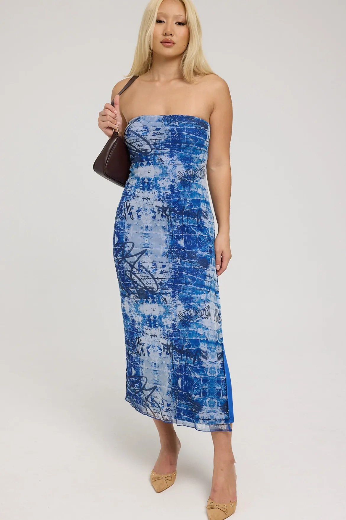 Tagged Mirror Recycled Mesh Midi Dress Blue Print