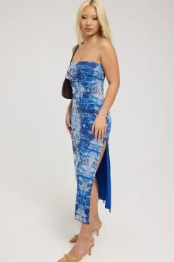 Tagged Mirror Recycled Mesh Midi Dress Blue Print
