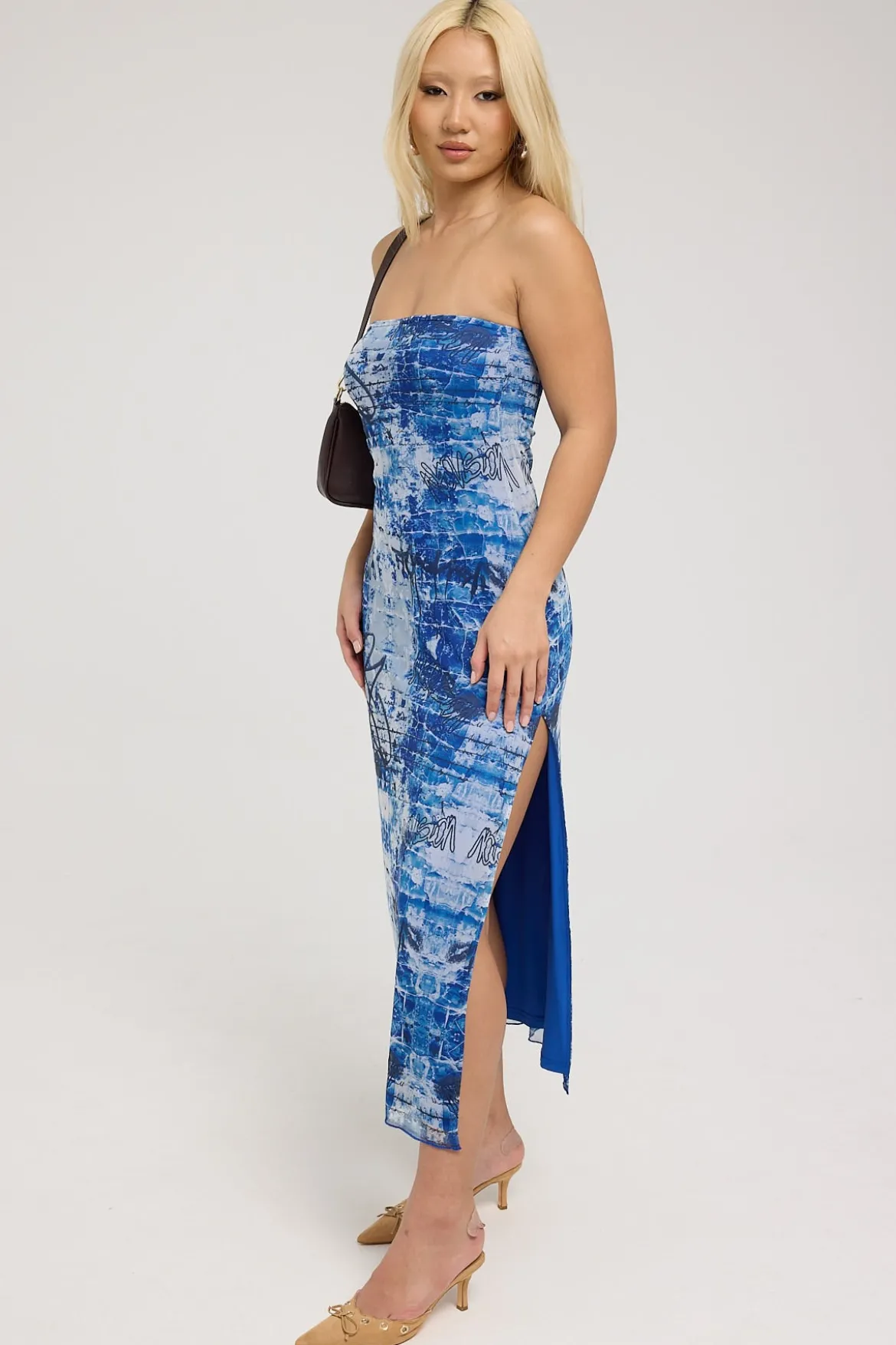 Tagged Mirror Recycled Mesh Midi Dress Blue Print