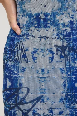 Tagged Mirror Recycled Mesh Midi Dress Blue Print