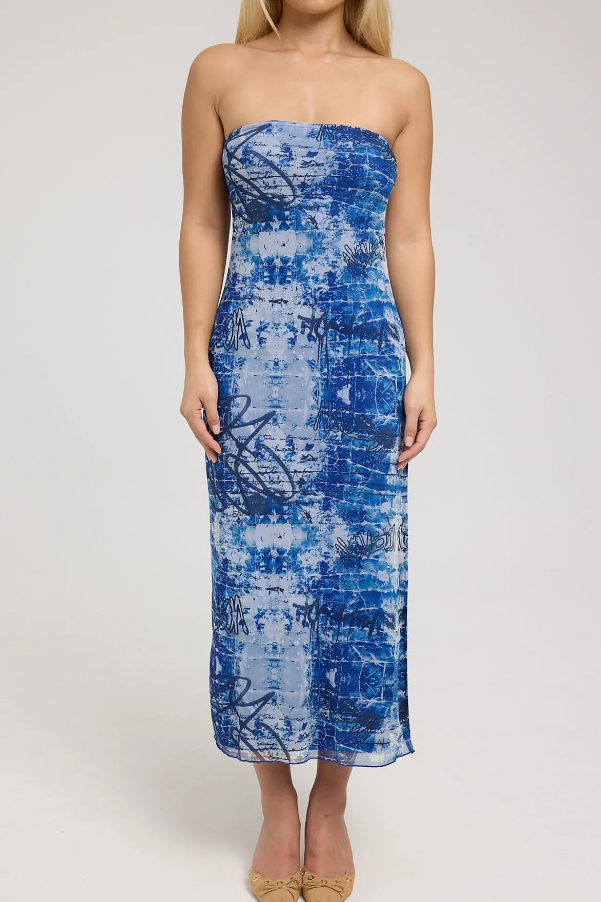 Tagged Mirror Recycled Mesh Midi Dress Blue Print