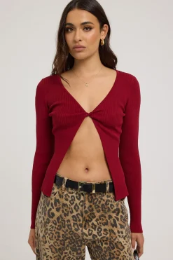 Tori Twist Front Long Sleeve Knit Top Red